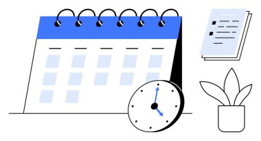 Spiral calendar with marked days, analog clock displaying time, stack of documents, and potted plant. Ideal for scheduling, productivity, planning, project management, deadlines organization simple