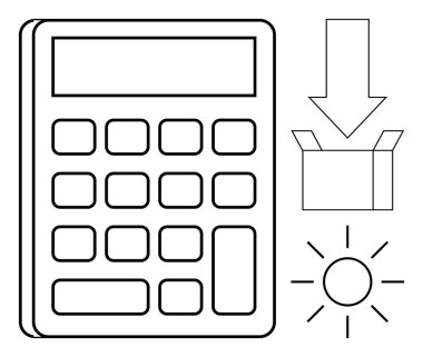 Calculator with buttons, arrow pointing to open box, and sun, symbolizing calculation, energy efficiency, and transformation. Ideal for finance, education, technology environment corporate