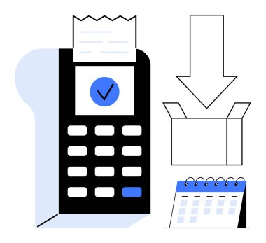 Payment terminal issuing receipt, tick mark confirming transaction, open delivery box, calendar and download arrow. Ideal for payment, delivery, scheduling, purchase, finance e-commerce simple flat