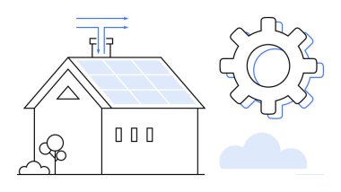 House with solar panels, rooftop antennas, technology gear, trees, and cloud. Ideal for sustainability, green energy, innovation, eco-friendly living smart homes renewable energy clean technology