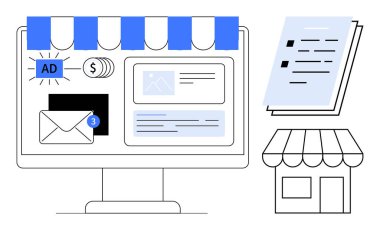 Computer screen with storefront elements, marketing notifications, documents, and a shop facade. Ideal for e-commerce, marketing, communication, startup, business strategy digital development