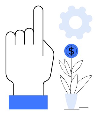 Hand making a pointing gesture beside a gear and a growing plant with a financial bloom. Ideal for investment, growth, business, productivity, innovation, strategy, financial planning. Simple flat