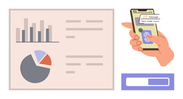 Charts and graphs with hand holding smartphone for login verification. Ideal for analytics, security, technology, productivity, research, strategy, simple flat metaphor