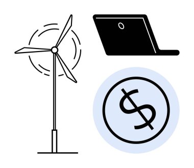 Wind turbine, laptop, and dollar sign highlight renewable energy, technology, and financial success. Ideal for sustainability, green economy, innovation, finance clean energy growth technology