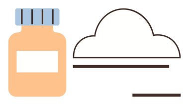 Medicine bottle with blank label beside outlined cloud icon suggests linking healthcare data with cloud storage. Ideal for healthcare, pharmacy, cloud computing, innovation, technology, data sharing