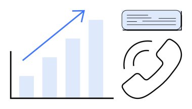 Bar chart with upward growth arrow, phone handset with sound waves, and speech bubble. Ideal for business, communication, sales, strategy, analytics, success teamwork simple flat metaphor