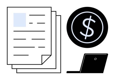Papers with highlighted text, bold dollar coin icon, and a sleek laptop emphasize financial management. Ideal for business, accounting, technology, saving, paperwork, investment simple flat metaphor