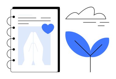Notebook with praying hands, blue heart, and sprouting plant alongside a cloud. Ideal for personal growth, mindfulness, spirituality, nature, meditation self-care faith. Simple flat metaphor