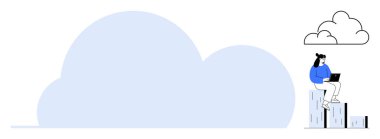 Person working on a laptop seated atop data stacks near a cloud signifies technology, storage, or computing. Ideal for cloud computing, remote work, data storage, digital transformation, networking