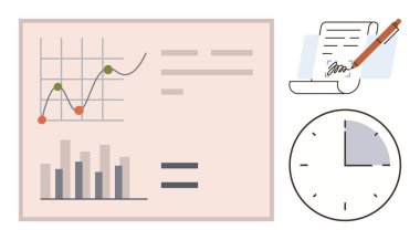 Graph with line and bar charts, signed contract with pen, clock indicating time. Ideal for business, analytics, data, project management, decision-making deadlines productivity. Clean flat metaphor