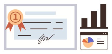Award certificate with first-place ribbon, bar graph, and pie chart for achievement. Ideal for success, education, certification, data tracking, recognition growth leadership. Simple flat metaphor