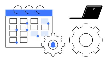 Calendar with marked events, gear with notification bell, and laptop encouraging organization, planning, and digital workflows. Ideal for scheduling, productivity, reminders, work balance