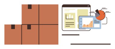 Stacked boxes alongside digital charts, graphs, and web interface. Ideal for supply chain, logistics, warehouse management, data analysis, inventory, sales tracking simple flat metaphor
