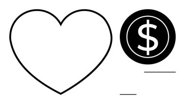 Heart outline near a dollar coin, symbolizing emotions connected to finance, charity, and human values. Ideal for love, money, relationship, business philanthropy emotion balance. Simple flat