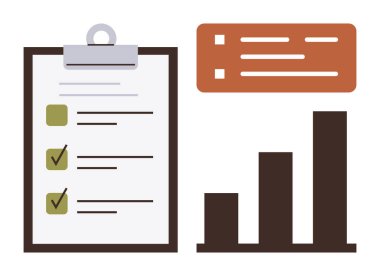 Clipboard with checklist, bar chart, and data card conveying planning, evaluation, performance, prioritization, tracking progress, analytics management. Ideal for productivity business project