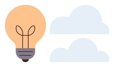 Lightbulb emitting brightness alongside minimal clouds, symbolizing brainstorming, creativity, and innovation. Ideal for inspiration, imagination, problem-solving, futuristic vision, ideas energy