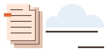 Stack of documents next to a cloud icon illustrating cloud storage or file sharing. Ideal for teamwork, innovation, storage, communication, technology, productivity, connectivity. Simple flat