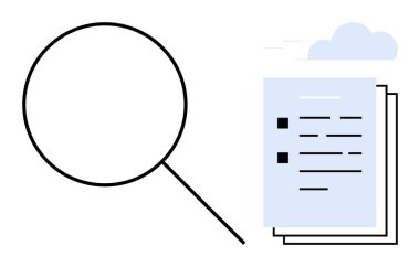 Magnifying glass examining a stack of documents, representing search or analysis. Ideal for research, investigation, audit, legal review, compliance, data organization, simple flat metaphor