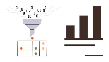 Binary numbers flow into a funnel leading to a grid structure with dots of varying colors. Adjacent bar graph represents data visualization and insights. Ideal for analysis, AI, machine learning
