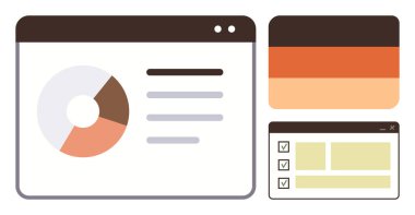Web interface featuring a pie chart with text, checklist, and horizontal color palette. Ideal for data presentation, analysis, workflow design, project management, UI concepts, productivity apps