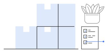Stacked boxes with openings, checklist with marked tasks, and potted plant. Ideal for organization, inventory, task management, planning, warehouse systems, productivity simple flat metaphor