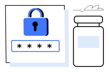 Blue lock with password field alongside medicine jar representing data security, healthcare, privacy, and encryption. Ideal for cybersecurity, healthcare technology, online protection, and safety