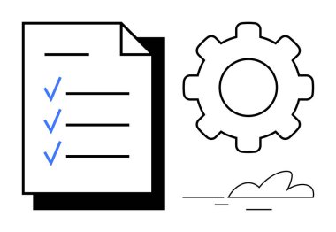 Task checklist with blue checkmarks, a gear symbol, and minimal cloud design. Ideal for productivity, workflow, planning, strategy, management, efficiency simple flat metaphor