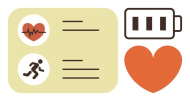 Heart rate icon, running figure, battery level, and orange heart on beige card-style design. Ideal for fitness, wellness, energy management, health tech, vitality performance and lifestyle