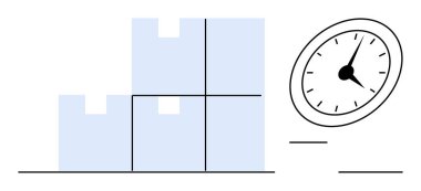 Stacked boxes symbolize warehouse storage with a speedometer highlighting time efficiency. Ideal for delivery, shipping, logistics, time management, operations, e-commerce, business strategy. Simple