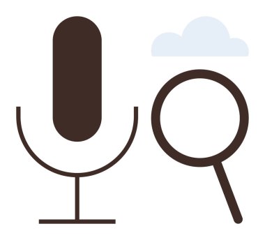 Minimalist brown microphone, magnifying glass, and light blue cloud graphic representing voice search, technology, and communication. Ideal for tech, AI, search tools, creativity innovation