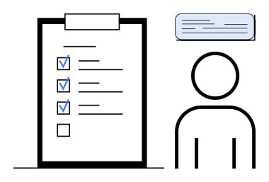 Clipboard with checklist, blue checkmarks, and blank task next to outlined person with text box above. Ideal for productivity, organization, decision-making, planning, task tracking, workflow simple
