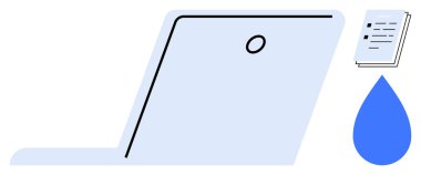 Open laptop with a blue droplet and documents, symbolizing technology, digital work, sustainability, cloud storage, productivity, and innovation. Ideal for business, eco-consciousness modern tech