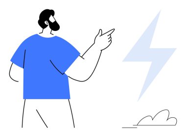 Man in blue shirt pointing at lightning bolt with minimalistic lines and abstract shapes. Ideal for energy, creativity, innovation, focus, strength, leadership, inspiration, simple flat metaphor
