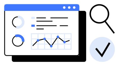 Analytics dashboard with charts, data visualization, graph, magnifying glass, and checkmark. Ideal for data, research, performance review, tracking trends decision-making and statistical analysis