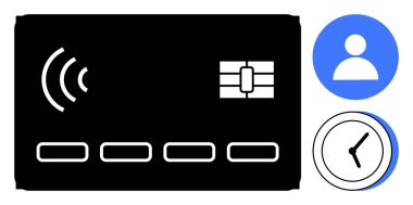 Black debit or credit card with contactless symbol and chip, user profile icon, clock symbol. Ideal for finance, technology, security, banking, identification data business. Simple flat metaphor