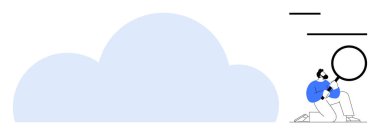Person kneeling with magnifying glass looking thoughtfully at a cloud. Ideal for analysis, search, discovery, innovation, technology, insight, research. Minimalist visual metaphor in flat style