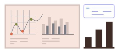 Line graph with points, bar charts of varying heights, and a text element representing data. Ideal for trends, business analytics, research, statistics, growth tracking, education simple flat