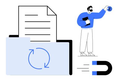 Folder with document and sync icon, magnet attracting coin, man holding reports. Ideal for data management, organization, technology, finance, document flow, digital tools simple flat metaphor