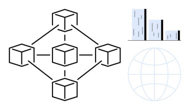Connected cubes forming a blockchain network alongside a bar chart and globe outline. Ideal for blockchain, data sharing, global trade, technology, finance, analytics, and innovation. A simple flat