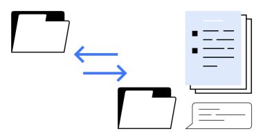 File folders exchanging data, arrows indicating transfer, document stack, and a speech bubble. Ideal for teamwork, data sharing, collaboration, organization, file management communication simple