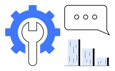 Gear with wrench symbolizing tools and customization, bar chart representing data and growth, speech bubble for communication. Ideal for business, tech, teamwork, analytics, solutions, productivity
