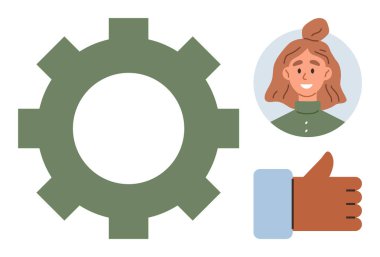 Green gear, portrait of smiling woman with bun hairstyle, brown thumbs-up icon. Ideal for teamwork, cooperation, feedback, productivity, positivity human resources digital communication. Simple