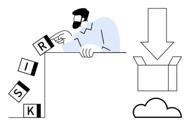 Man removing falling risk blocks near a cloud and box with a downward arrow. Ideal for risk management, problem solving, decision making, cloud storage, security, leadership, simple flat metaphor