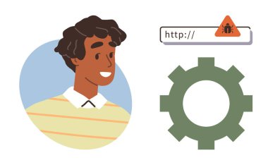 Smiling person next to a URL with a bug alert and a gear symbol, representing cybersecurity, troubleshooting, tech issues, internet safety, and innovation. Ideal for IT, risk management