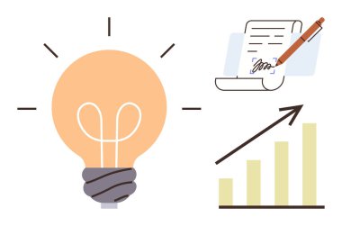 Lightbulb for ideas, pen signing contract, upward graph for growth. Ideal for innovation, business plans, goal setting, success, entrepreneurship, new opportunities simple flat metaphor