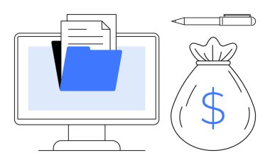 Computer screen with folder and documents, sack with dollar sign, and a pen. Ideal for finance, budgeting, online payments, digital files, bookkeeping data management investments. Simple flat