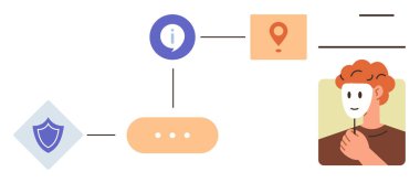 Man holding a mask, path connecting geolocation, shield, information icon, and dots. Ideal for data privacy, online identity, anonymity, cybersecurity geolocation tech security and user control