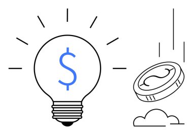 Light bulb with dollar sign and glowing lines, coin falling near clouds. Ideal for finance, innovation, investment, startup growth, cost reduction, business solutions creativity. Simple flat