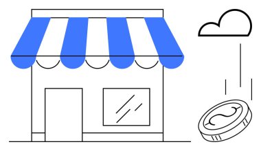 Storefront featuring blue awning, window, and door alongside cloud dropping coin. Ideal for retail, e-commerce, investment, startups, savings revenue and economic growth. Simple flat metaphor