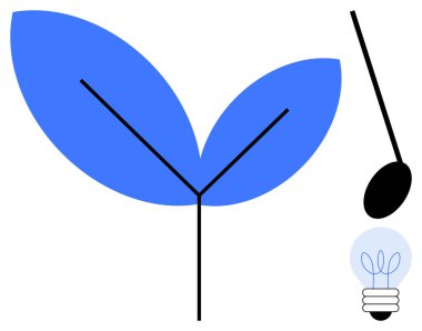 Blue leaves with a black branch symbolize growth, a seed droplet reflects potential, and a light bulb highlights innovation. Ideal for sustainability, growth, creativity, innovation, environment